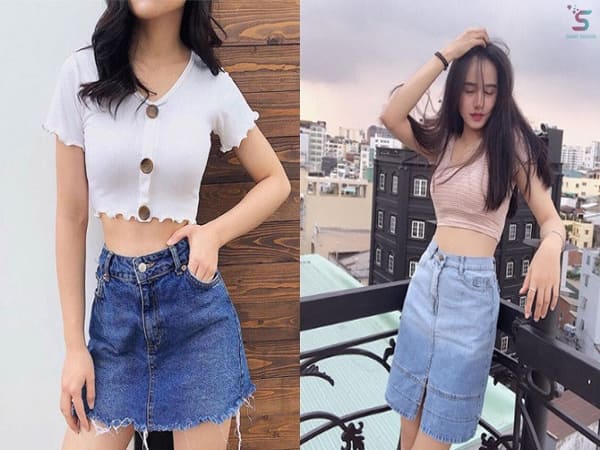 Áo Croptop với chân váy Jean