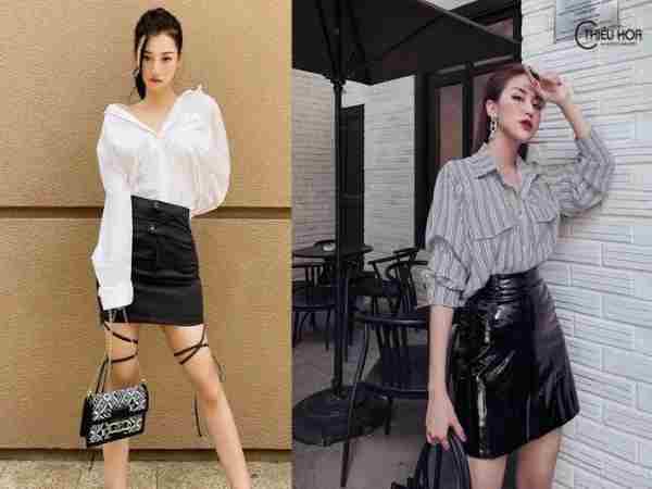 Phối chân váy da với áo sơ mi 
