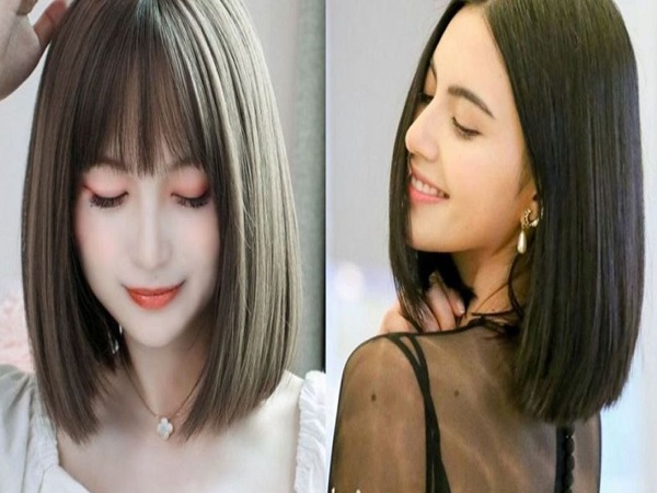 kiểu tóc ngắn ngang vai ép thẳng với gương mặt tròn